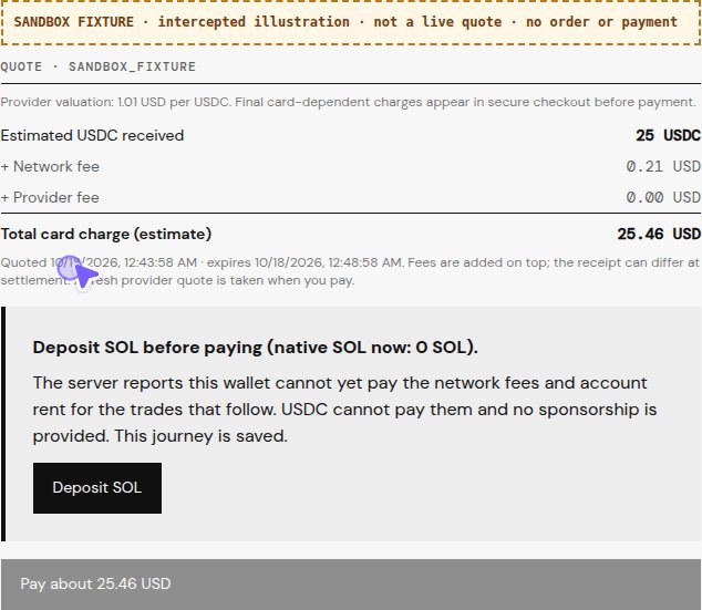 Deferred card preview: sandbox quote with fees, total charge, expiry and the SOL prerequisite.