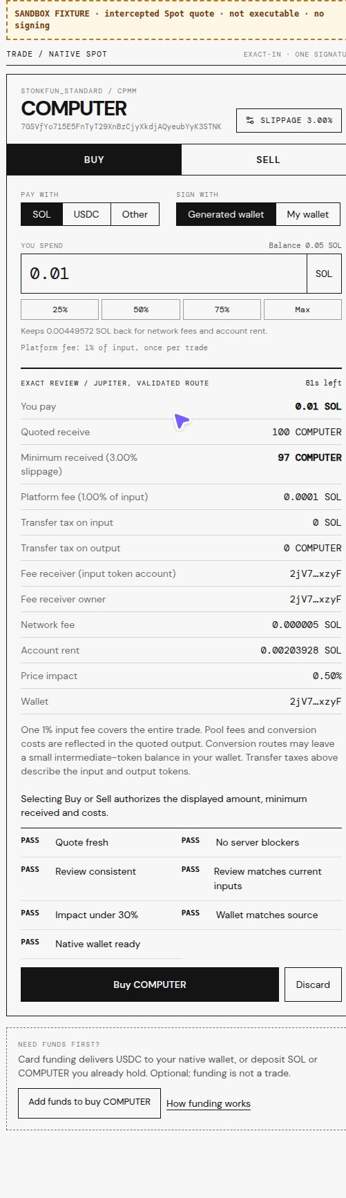 Sandbox native spot review with a fresh quote, fees, minimum received and a confirm button.
